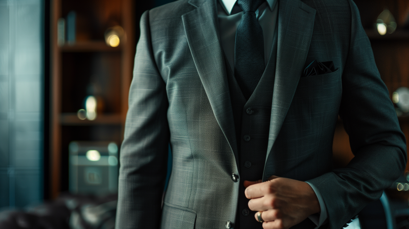 A businessman in a tailored grey business suit with a dark tie, partially cropped to show only the torso.