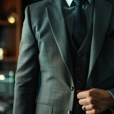 A businessman in a tailored grey business suit with a dark tie, partially cropped to show only the torso.