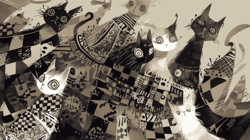 An abstract black and white illustration featuring a variety of stylized cats with different patterns and expressions.