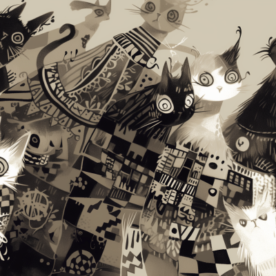 An abstract black and white illustration featuring a variety of stylized cats with different patterns and expressions.