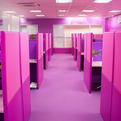 An office space with rows of pink cubicles and matching carpet, set up for a workspace environment.