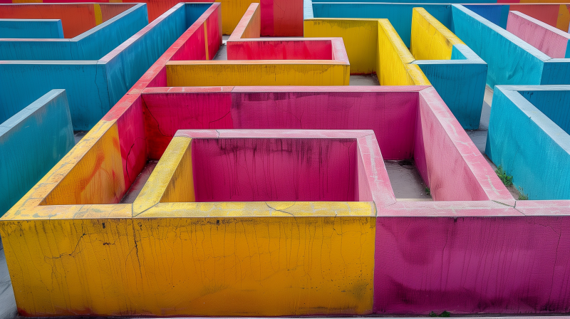 Colorful outdoor maze with vibrant pink, yellow, and blue walls, viewed from above.