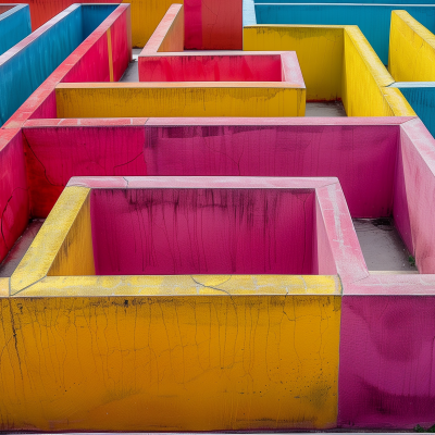 Colorful outdoor maze with vibrant pink, yellow, and blue walls, viewed from above.