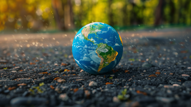 A small globe representing Earth is resting on a ground surface, with sunlight filtering through trees in the background, symbolizing Earth Day.