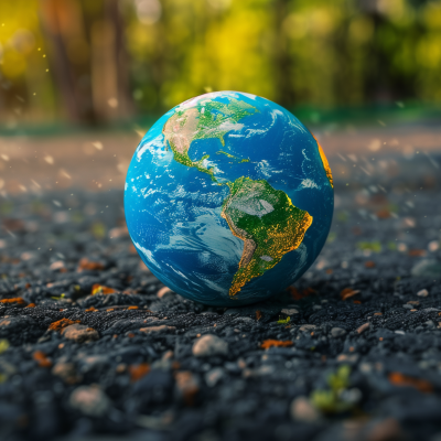 A small globe representing Earth is resting on a ground surface, with sunlight filtering through trees in the background, symbolizing Earth Day.