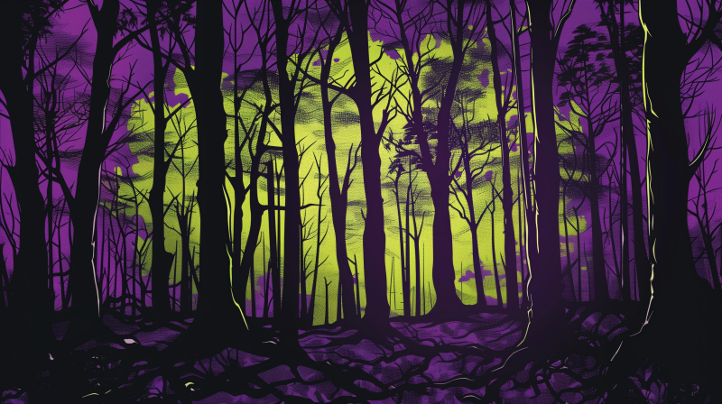 Illustration of a dense forest with purple trees against a vibrant green backdrop.