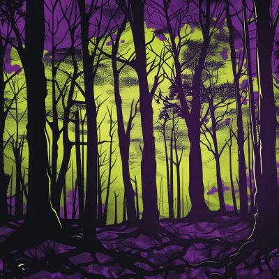 Illustration of a dense forest with purple trees against a vibrant green backdrop.