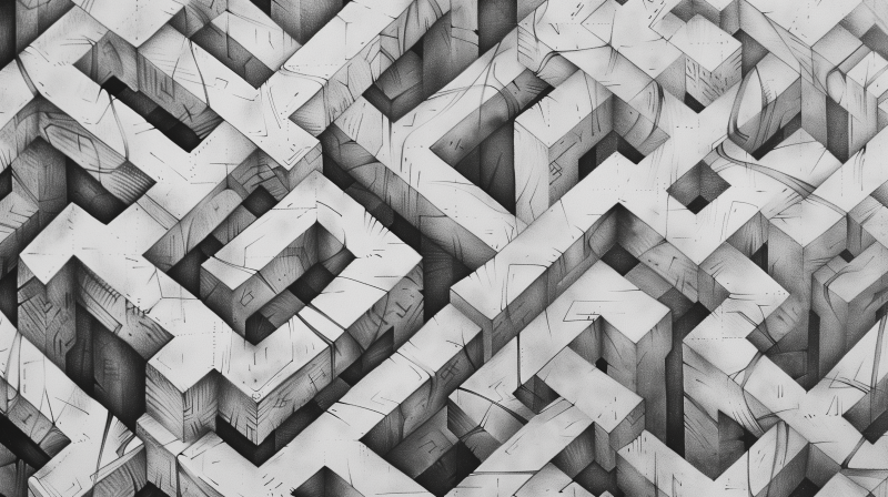 An intricate black and white optical illusion drawing that resembles a complex 3D maze.