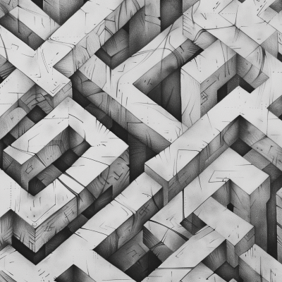 An intricate black and white optical illusion drawing that resembles a complex 3D maze.