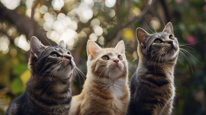 Three cats looking upwards with a background of blurred greenery.