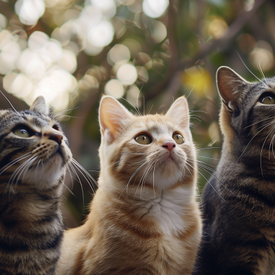 Three cats looking upwards with a background of blurred greenery.