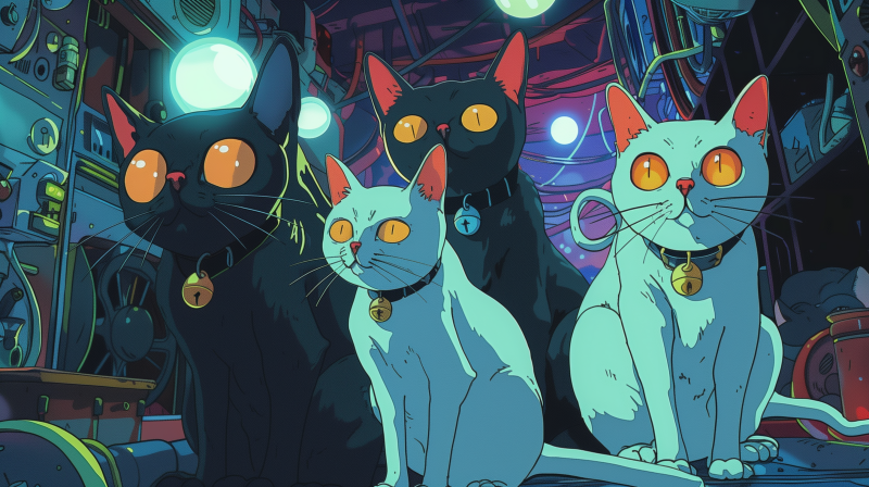 Illustration of three stylized cats with glowing eyes in a dark, neon-lit environment, each wearing a collar with a tag.