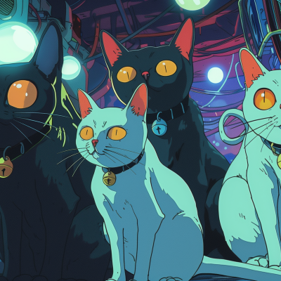 Illustration of three stylized cats with glowing eyes in a dark, neon-lit environment, each wearing a collar with a tag.