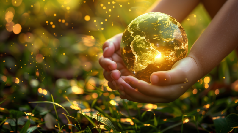 A pair of hands gently holding a glowing globe that represents the Earth, nestled among green foliage, conveying a concept related to Earth Day.