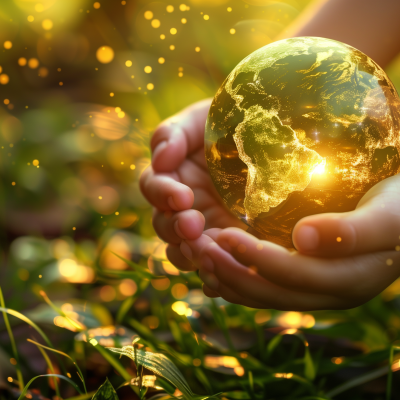 A pair of hands gently holding a glowing globe that represents the Earth, nestled among green foliage, conveying a concept related to Earth Day.