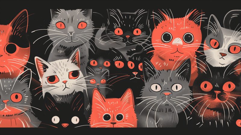 An illustration featuring a variety of stylized cats with expressive faces in shades of black, grey, and orange against a dark background.