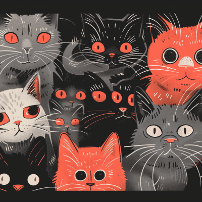An illustration featuring a variety of stylized cats with expressive faces in shades of black, grey, and orange against a dark background.