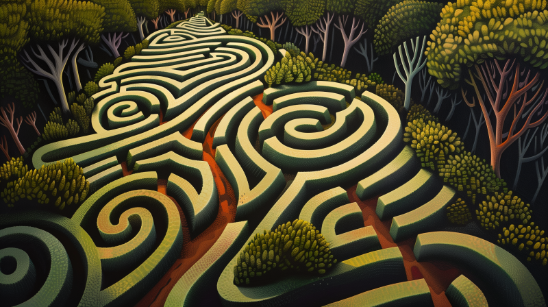 Illustration of a complex circular maze surrounded by stylized trees in a forest setting.