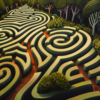 Illustration of a complex circular maze surrounded by stylized trees in a forest setting.