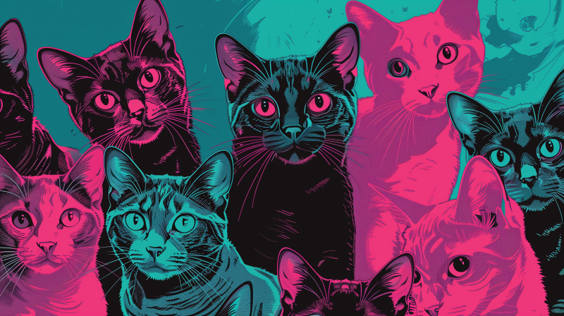 Illustration of several stylized cats in vibrant pink, teal, and black colors with detailed and expressive faces.