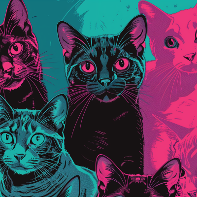 Illustration of several stylized cats in vibrant pink, teal, and black colors with detailed and expressive faces.