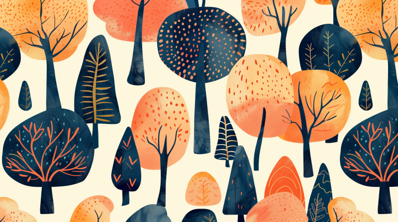 A stylized illustration of a forest with various trees in orange and blue hues, featuring patterned leaves and trunks.