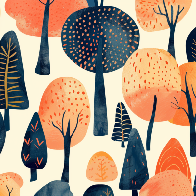 A stylized illustration of a forest with various trees in orange and blue hues, featuring patterned leaves and trunks.