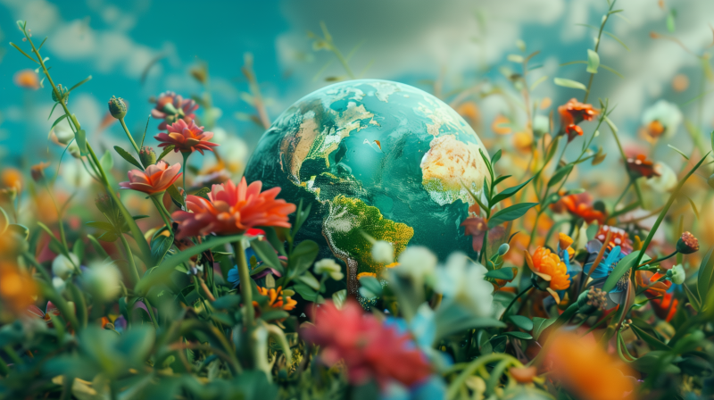 A vibrant illustration of Earth surrounded by colorful flowers representing Earth Day, conveying the beauty of nature and the need to preserve our globe.