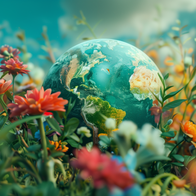 A vibrant illustration of Earth surrounded by colorful flowers representing Earth Day, conveying the beauty of nature and the need to preserve our globe.