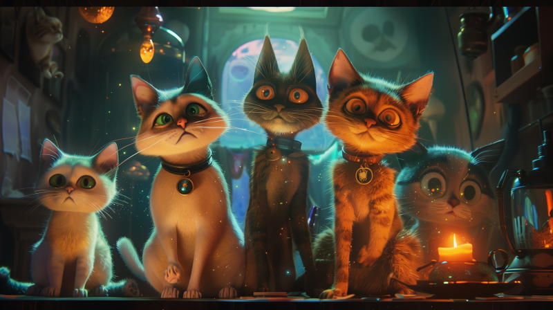 Three animated cats with expressive faces standing side by side, with a whimsical and colorful backdrop that includes a skull illustration.