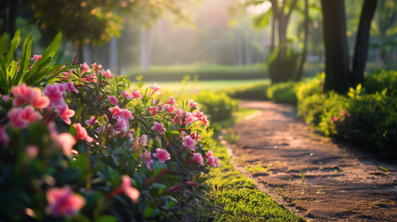 A serene flower garden at sunrise with a winding path framed by blooming pink flowers, highlighted by the warm glow of the morning light.