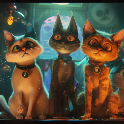 Three animated cats with expressive faces standing side by side, with a whimsical and colorful backdrop that includes a skull illustration.