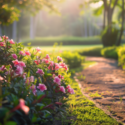 A serene flower garden at sunrise with a winding path framed by blooming pink flowers, highlighted by the warm glow of the morning light.