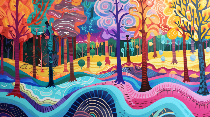 Colorful abstract illustration of a whimsical forest with vibrant trees and patterns.