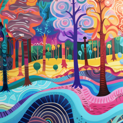 Colorful abstract illustration of a whimsical forest with vibrant trees and patterns.