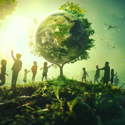 A celebratory Earth Day concept image depicting a group of silhouetted people, including children, around a large, luminescent globe representing the Earth, with nature elements, a tree, and a bird in a sunny, green setting.