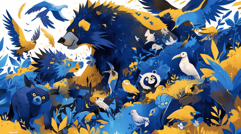 An illustrated image featuring vibrant blue and yellow tones showcasing a variety of stylized animals, including what appears to be a large bear, birds, and a creature resembling a panda amidst a floral background.