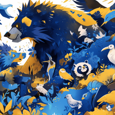 An illustrated image featuring vibrant blue and yellow tones showcasing a variety of stylized animals, including what appears to be a large bear, birds, and a creature resembling a panda amidst a floral background.