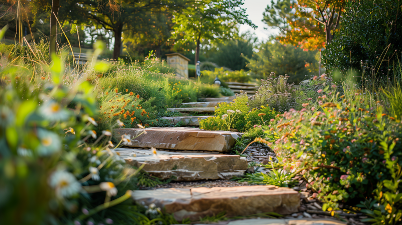 A serene path of stone steps winding through a vibrant flower garden, bathed in soft sunlight.