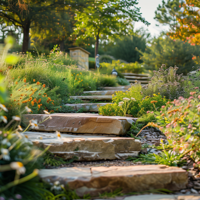 A serene path of stone steps winding through a vibrant flower garden, bathed in soft sunlight.