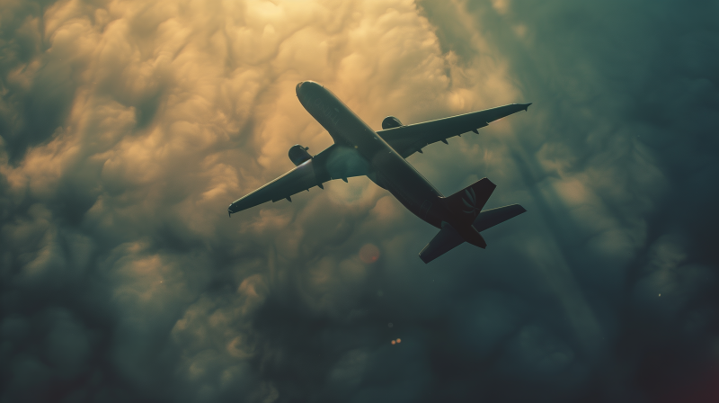 A commercial airplane flying above the clouds illuminated by sunlight, creating a dramatic atmosphere.