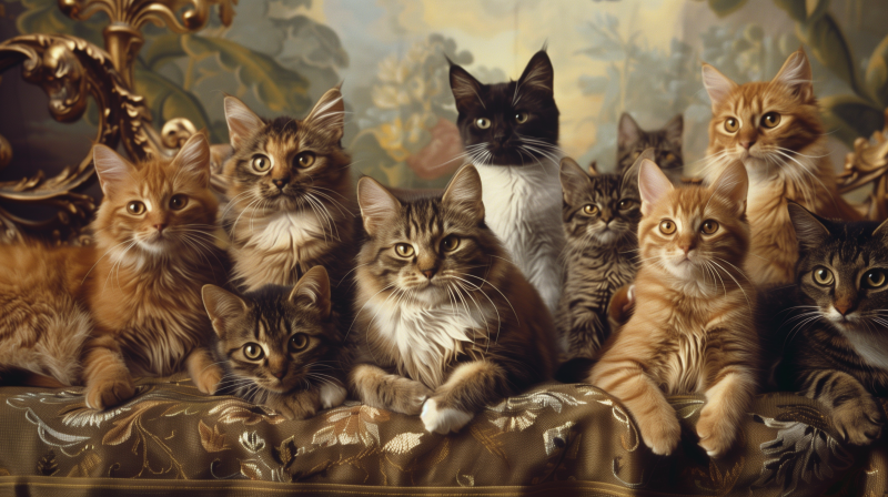 A group of various cats with different patterns and shades sitting together, posing for the camera against an ornate background.