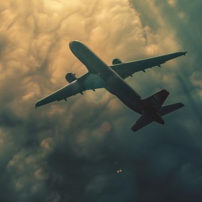 A commercial airplane flying above the clouds illuminated by sunlight, creating a dramatic atmosphere.