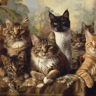 A group of various cats with different patterns and shades sitting together, posing for the camera against an ornate background.