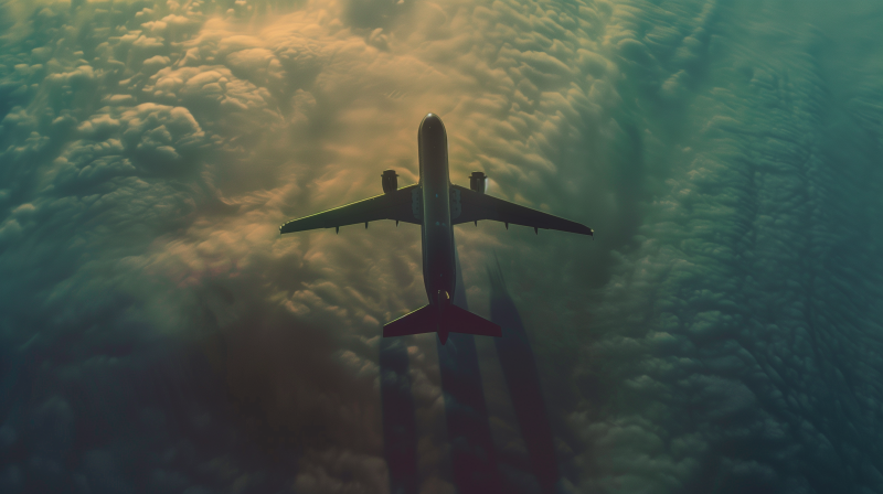 An airplane seen from above flying over a textured landscape of clouds, illuminated by a soft light that suggests either sunrise or sunset.