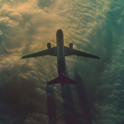 An airplane seen from above flying over a textured landscape of clouds, illuminated by a soft light that suggests either sunrise or sunset.