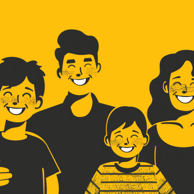 A graphic illustration of a happy family with four smiling members, set against a vibrant yellow background.