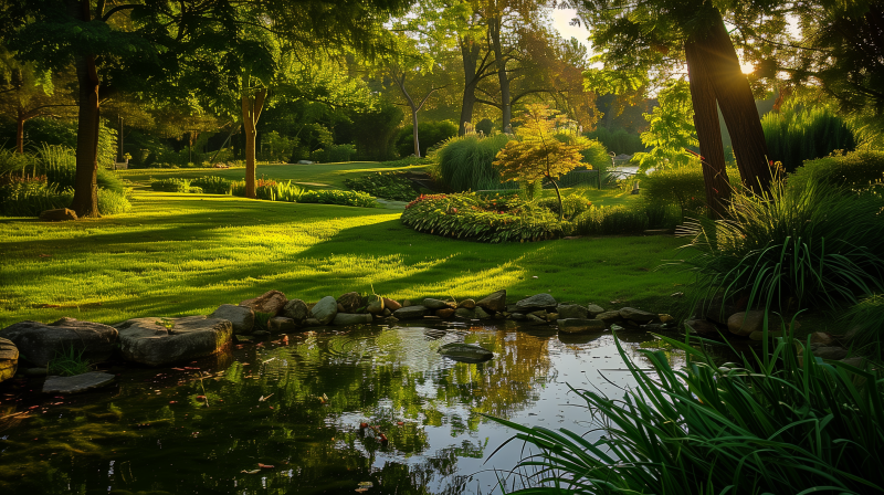 A serene garden setting with a well-maintained lawn surrounding a peaceful pond, bordered by rocks and lush greenery with sunlight filtering through trees.