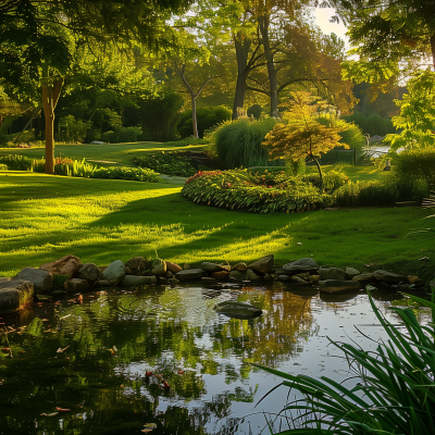 A serene garden setting with a well-maintained lawn surrounding a peaceful pond, bordered by rocks and lush greenery with sunlight filtering through trees.