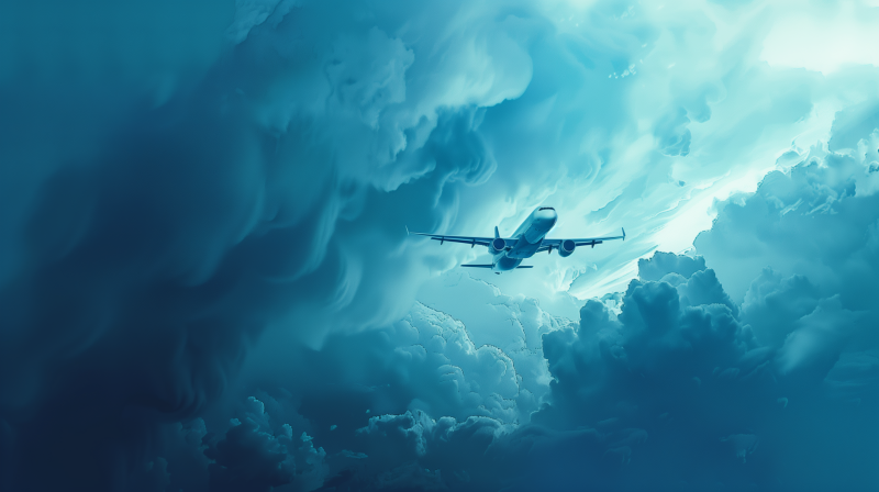 An airplane flying amidst a dramatic sky filled with voluminous clouds.